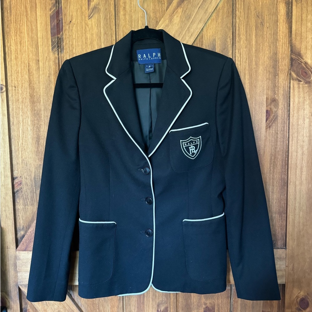 Vintage RALPH Ralph Lauren Blazer Jacket Womensβ 6 Black 100% Worsted Wool Crest